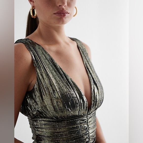 Metallic Silk V-Neck Ruched Ruffle Mini Dress - Picture 2 of 14